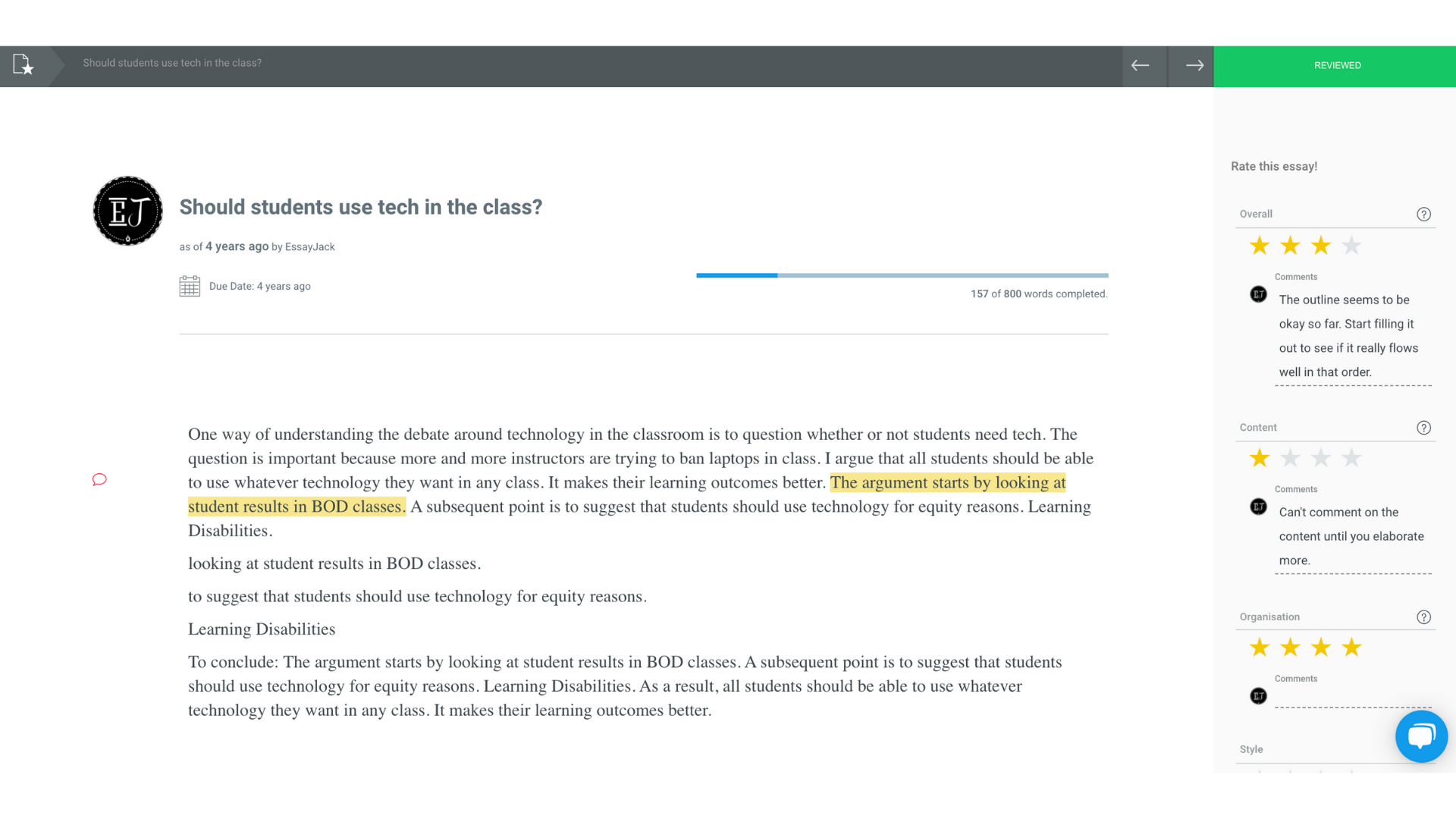 View of the review function in EssayJack